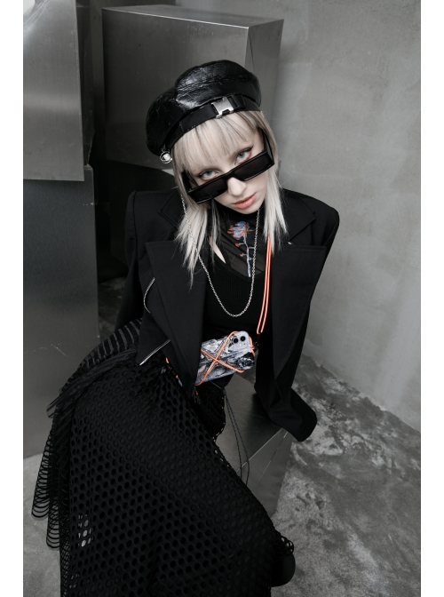 Fake Two-Piece Metal Zipper Decoration Waist Buckle Back Embroidery Black Punk Short Coat