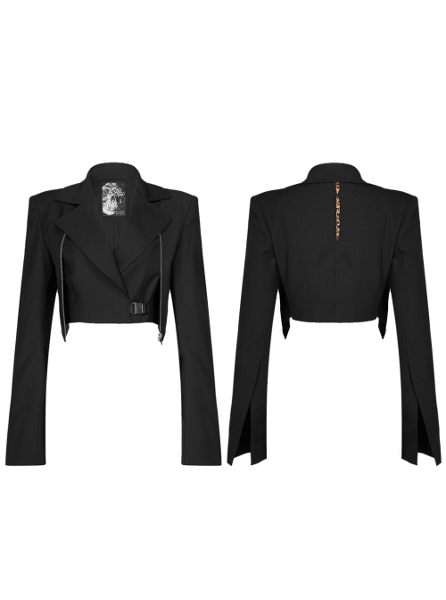 Fake Two-Piece Metal Zipper Decoration Waist Buckle Back Embroidery Black Punk Short Coat