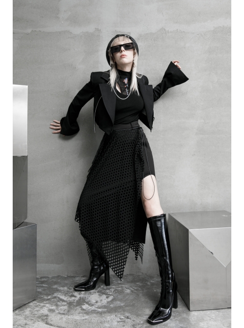 Fake Two-Piece Metal Zipper Decoration Waist Buckle Back Embroidery Black Punk Short Coat