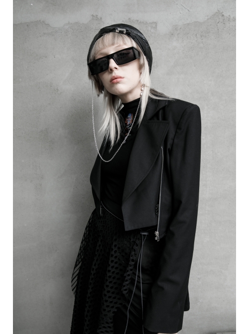 Fake Two-Piece Metal Zipper Decoration Waist Buckle Back Embroidery Black Punk Short Coat