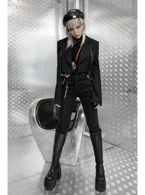 Fake Two-Piece Metal Zipper Decoration Waist Buckle Back Embroidery Black Punk Short Coat