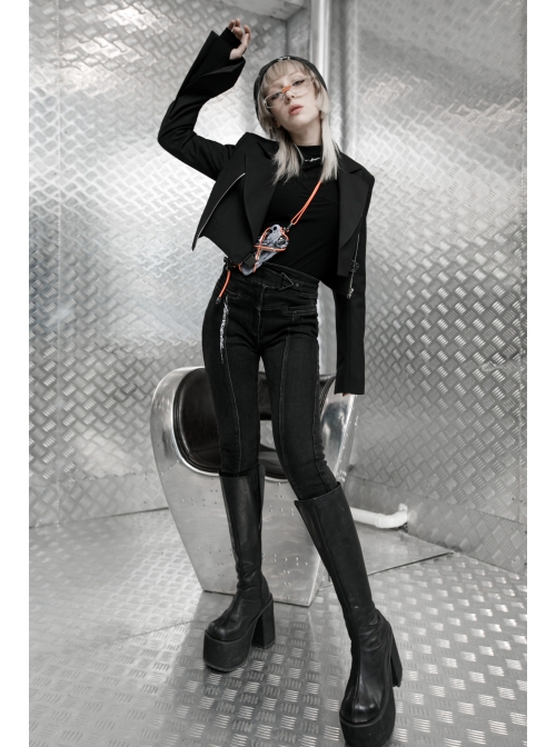 Fake Two-Piece Metal Zipper Decoration Waist Buckle Back Embroidery Black Punk Short Coat