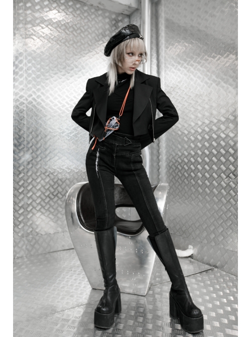 Fake Two-Piece Metal Zipper Decoration Waist Buckle Back Embroidery Black Punk Short Coat