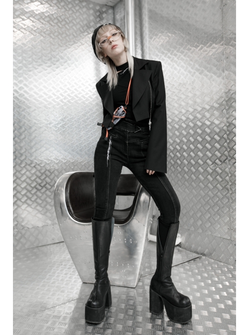 Fake Two-Piece Metal Zipper Decoration Waist Buckle Back Embroidery Black Punk Short Coat