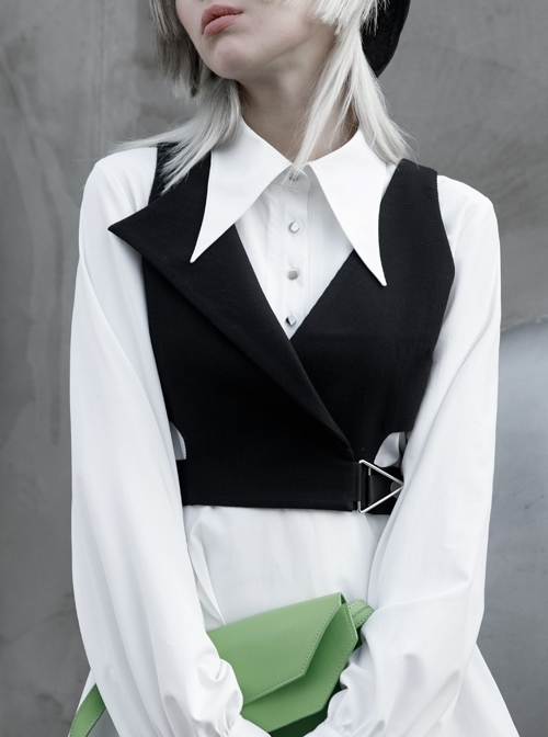 Asymmetric Unilateral Lapel Waist Hollow-Out Metal Buckle Waist Loop Black Punk Waistcoat