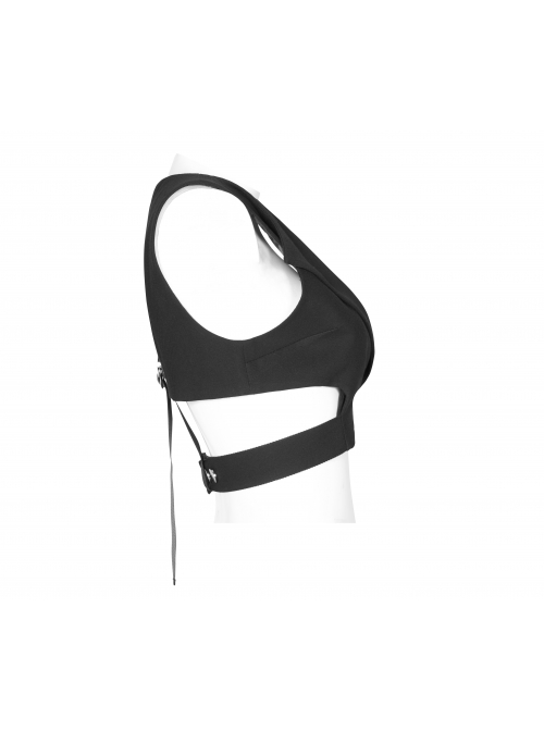 Asymmetric Unilateral Lapel Waist Hollow-Out Metal Buckle Waist Loop Black Punk Waistcoat