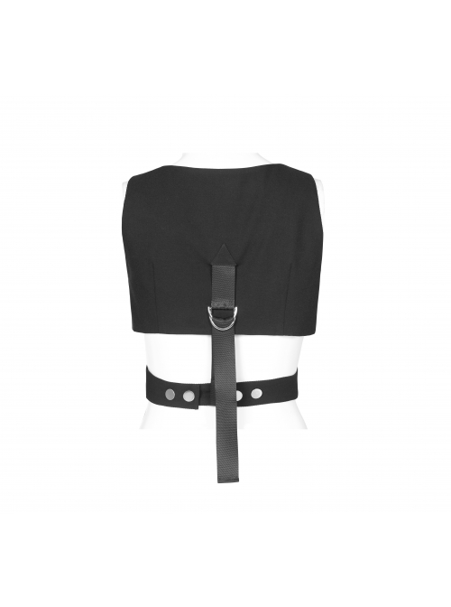 Asymmetric Unilateral Lapel Waist Hollow-Out Metal Buckle Waist Loop Black Punk Waistcoat