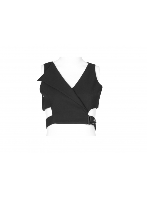 Asymmetric Unilateral Lapel Waist Hollow-Out Metal Buckle Waist Loop Black Punk Waistcoat