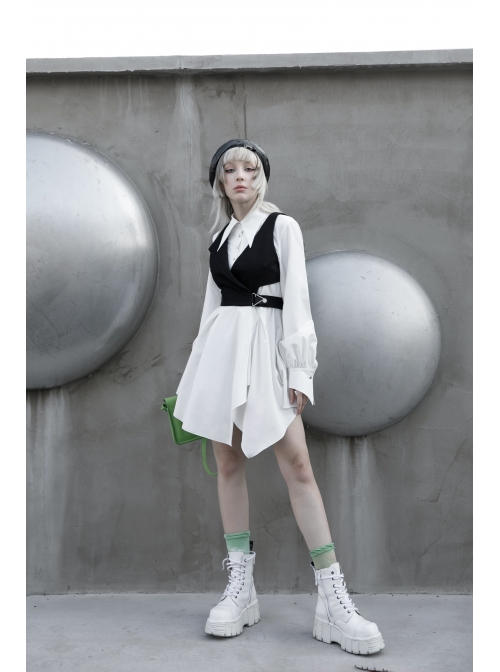 Asymmetric Unilateral Lapel Waist Hollow-Out Metal Buckle Waist Loop Black Punk Waistcoat