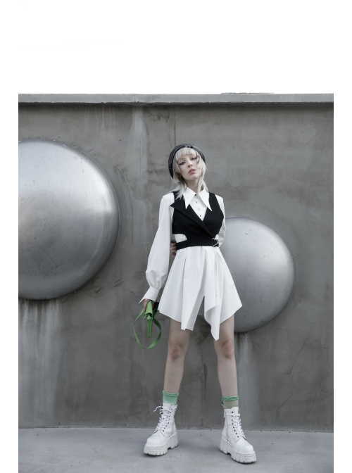 Asymmetric Unilateral Lapel Waist Hollow-Out Metal Buckle Waist Loop Black Punk Waistcoat