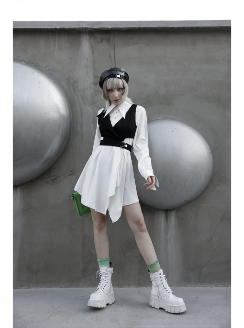 Asymmetric Unilateral Lapel Waist Hollow-Out Metal Buckle Waist Loop Black Punk Waistcoat