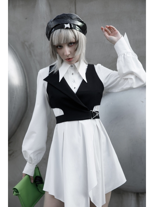 Asymmetric Unilateral Lapel Waist Hollow-Out Metal Buckle Waist Loop Black Punk Waistcoat