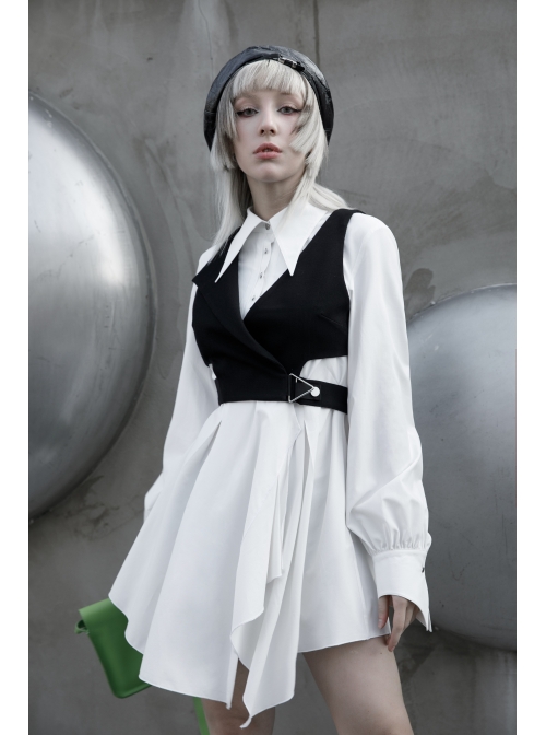 Asymmetric Unilateral Lapel Waist Hollow-Out Metal Buckle Waist Loop Black Punk Waistcoat