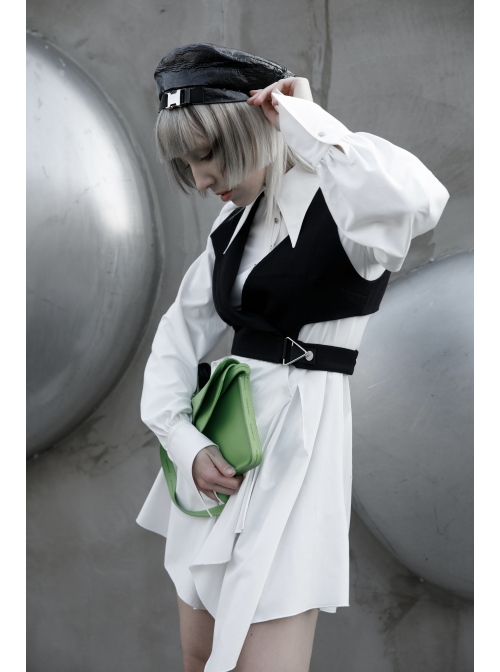 Asymmetric Unilateral Lapel Waist Hollow-Out Metal Buckle Waist Loop Black Punk Waistcoat