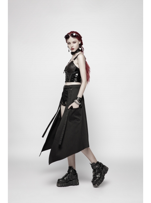 Black Punk Metal Eyelets Strap Side Pocket Half Skirt