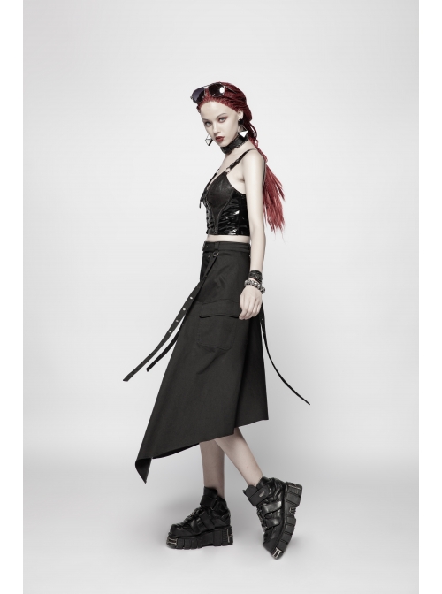 Black Punk Metal Eyelets Strap Side Pocket Half Skirt