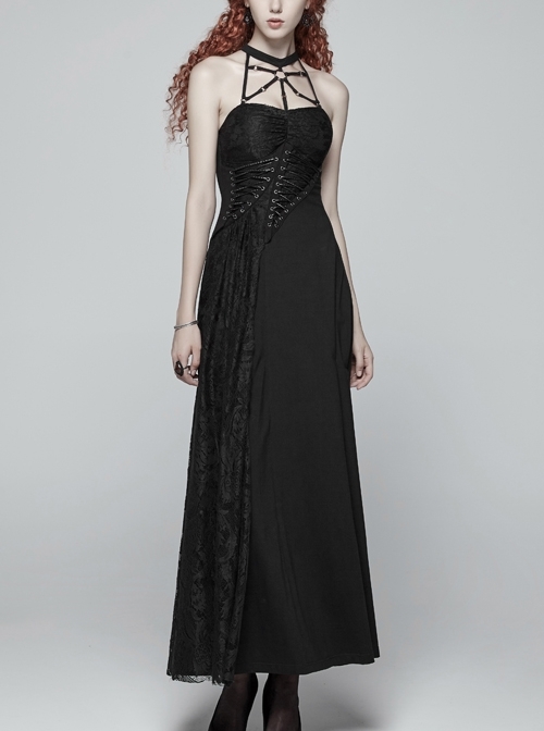 Metal Ring Ribbon Collar Front Lace-Up Black Gothic Lace Flower Net Long Halter Dress