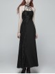 Metal Ring Ribbon Collar Front Lace-Up Black Gothic Lace Flower Net Long Halter Dress