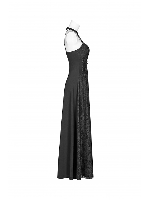 Metal Ring Ribbon Collar Front Lace-Up Black Gothic Lace Flower Net Long Halter Dress