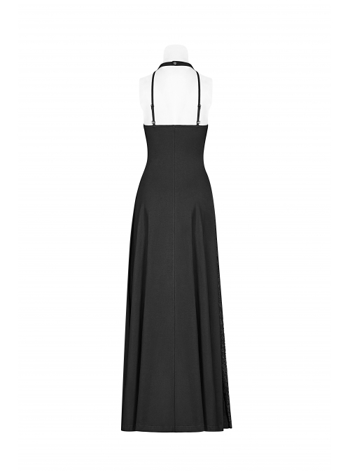 Metal Ring Ribbon Collar Front Lace-Up Black Gothic Lace Flower Net Long Halter Dress