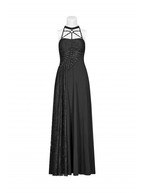 Metal Ring Ribbon Collar Front Lace-Up Black Gothic Lace Flower Net Long Halter Dress