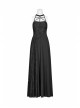 Metal Ring Ribbon Collar Front Lace-Up Black Gothic Lace Flower Net Long Halter Dress