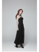 Metal Ring Ribbon Collar Front Lace-Up Black Gothic Lace Flower Net Long Halter Dress