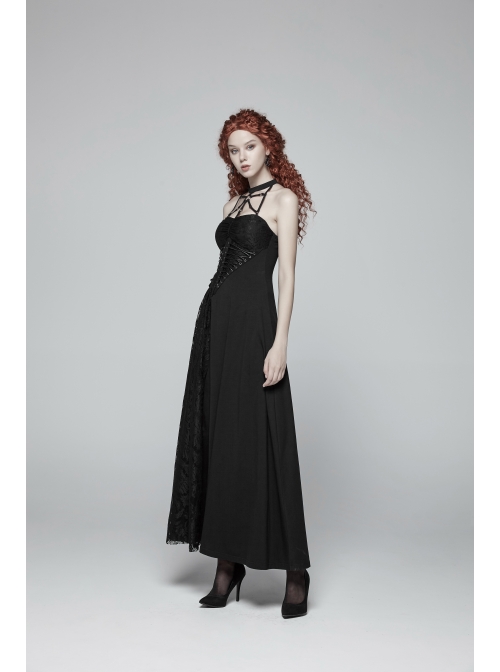 Metal Ring Ribbon Collar Front Lace-Up Black Gothic Lace Flower Net Long Halter Dress