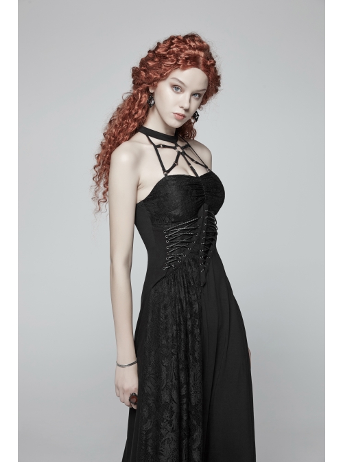 Metal Ring Ribbon Collar Front Lace-Up Black Gothic Lace Flower Net Long Halter Dress