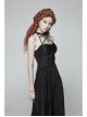 Metal Ring Ribbon Collar Front Lace-Up Black Gothic Lace Flower Net Long Halter Dress