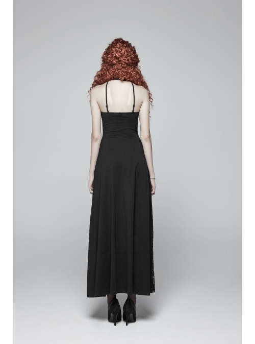 Metal Ring Ribbon Collar Front Lace-Up Black Gothic Lace Flower Net Long Halter Dress