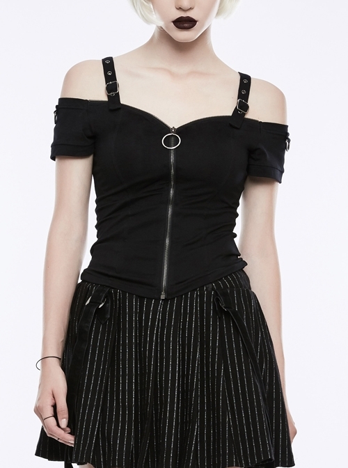 Off-Shoulder Metal Buckle Shoulder Strap Short Sleeve Black Punk Knit T-Shirt