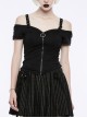 Off-Shoulder Metal Buckle Shoulder Strap Short Sleeve Black Punk Knit T-Shirt