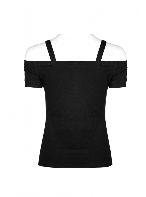 Off-Shoulder Metal Buckle Shoulder Strap Short Sleeve Black Punk Knit T-Shirt