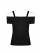Off-Shoulder Metal Buckle Shoulder Strap Short Sleeve Black Punk Knit T-Shirt