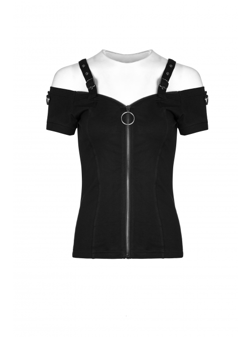 Off-Shoulder Metal Buckle Shoulder Strap Short Sleeve Black Punk Knit T-Shirt