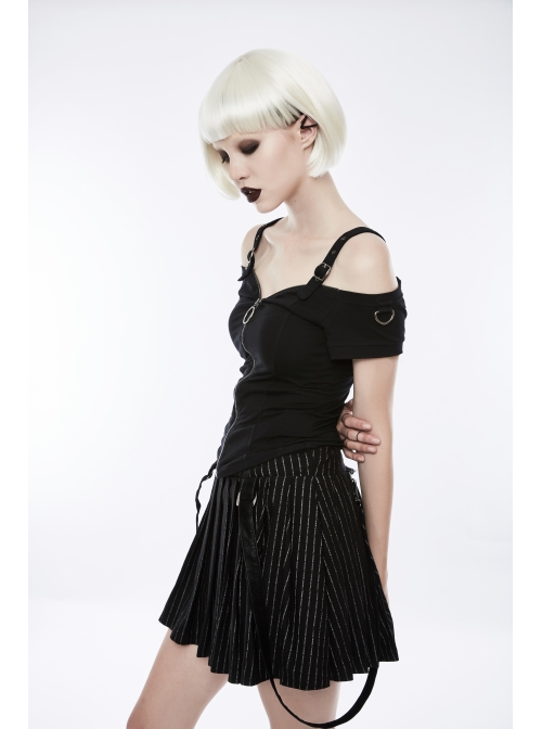 Off-Shoulder Metal Buckle Shoulder Strap Short Sleeve Black Punk Knit T-Shirt