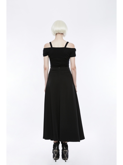 Off-Shoulder Metal Buckle Shoulder Strap Short Sleeve Black Punk Knit T-Shirt