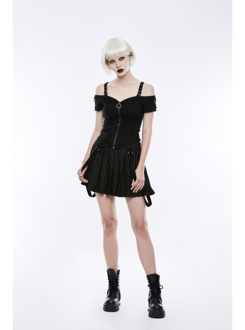 Off-Shoulder Metal Buckle Shoulder Strap Short Sleeve Black Punk Knit T-Shirt