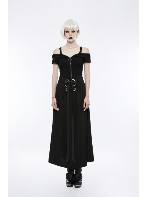 Off-Shoulder Metal Buckle Shoulder Strap Short Sleeve Black Punk Knit T-Shirt