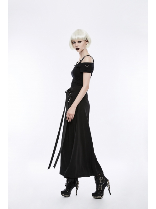 Off-Shoulder Metal Buckle Shoulder Strap Short Sleeve Black Punk Knit T-Shirt