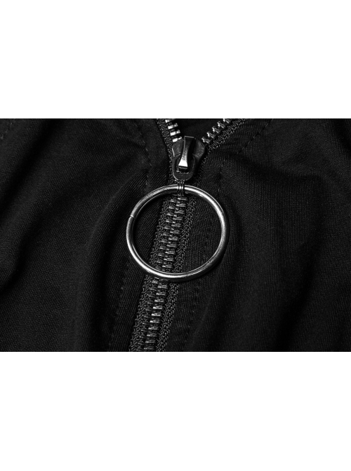 Off-Shoulder Metal Buckle Shoulder Strap Short Sleeve Black Punk Knit T-Shirt