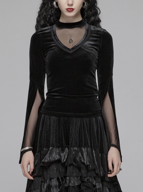 V-Neck Splice Mesh Slit Flare Sleeve Black Gothic Velvet T-Shirt