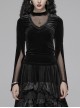 V-Neck Splice Mesh Slit Flare Sleeve Black Gothic Velvet T-Shirt
