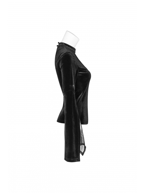 V-Neck Splice Mesh Slit Flare Sleeve Black Gothic Velvet T-Shirt