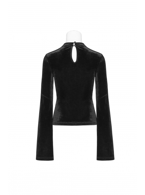 V-Neck Splice Mesh Slit Flare Sleeve Black Gothic Velvet T-Shirt