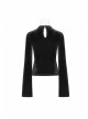 V-Neck Splice Mesh Slit Flare Sleeve Black Gothic Velvet T-Shirt