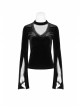 V-Neck Splice Mesh Slit Flare Sleeve Black Gothic Velvet T-Shirt