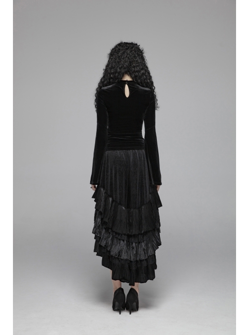 V-Neck Splice Mesh Slit Flare Sleeve Black Gothic Velvet T-Shirt