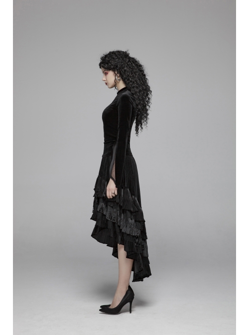 V-Neck Splice Mesh Slit Flare Sleeve Black Gothic Velvet T-Shirt